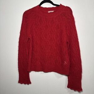J. Crew Womens Pointelle Scallop Trim Sweater Red Alpaca Wool Blend Fuzzy Small